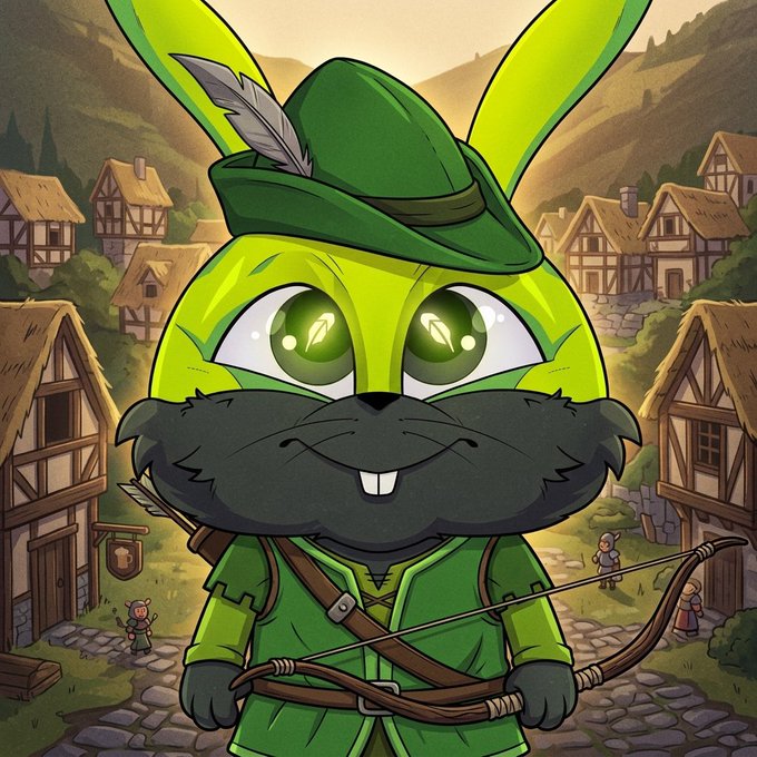 An AI-generated illustration of a green, cartoonish rabbit-like character wearing a feathered hat and holding a bow, set against a backdrop of a medieval village.