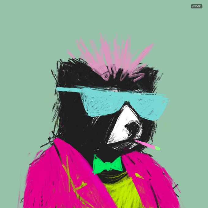 A stylized, colorful illustration of a bear wearing blue sunglasses, a pink jacket, and a green bow tie, with pink spiky hair.