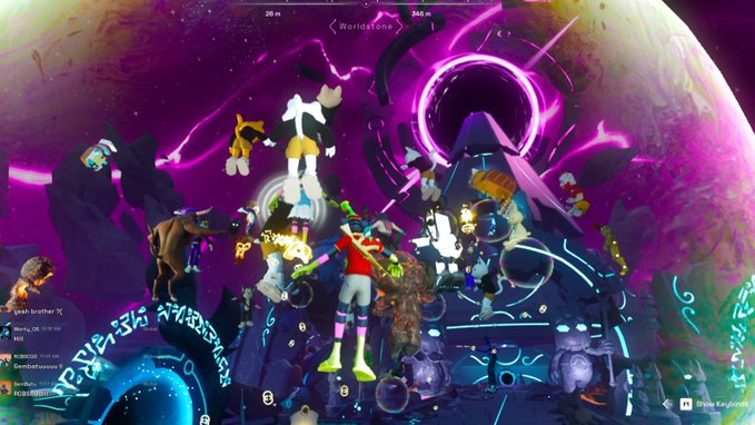 Colorful, chaotic scene from a video game featuring various cartoonish avatars gathered around a glowing purple portal structure, with "Worldsforge" text at the top.
