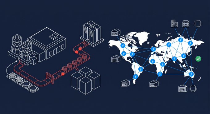 A stylized isometric illustration shows a red supply chain connecting factories, warehouses, and servers on the left, linking to a world map with blue nodes representing global distribution points on the right. The image visually reinforces the post's point by depicting an alternative global storage network (Filecoin) that bypasses the HBM and lithography-constrained hardware supply chain dominated by SK Hynix.