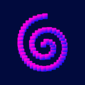 A purple pixelated spiral icon on a dark blue background.