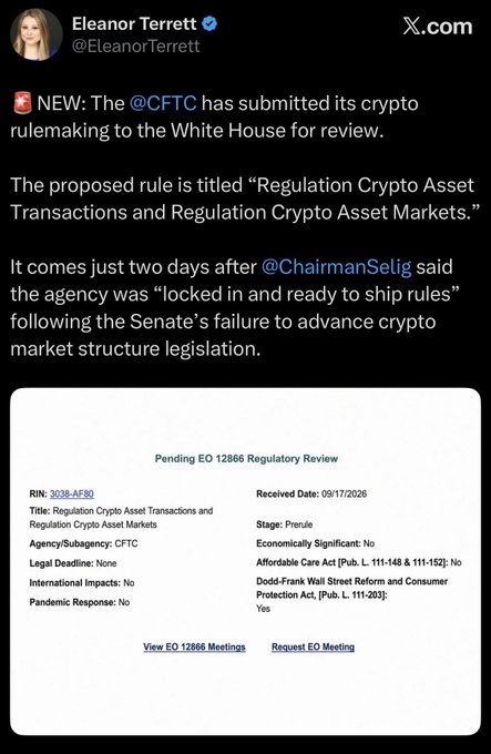 A screenshot of a post by Eleanor Terrett (@EleanorTerrett) on X.com announcing breaking news that the CFTC has submitted its crypto rulemaking to the White House for review. The post details that the proposed rule, titled "Regulation Crypto Asset Transactions and Regulation Crypto Asset Markets," was submitted just two days after Chairman Selig said the agency was "locked in and ready to ship rules" following the Senate's failure to advance crypto market structure legislation. An attached image shows a "Pending EO 12866 Regulatory Review" document with RIN: 3038-AF80, listing the CFTC as the submitting agency, received on 09/17/2026, in the prerule stage, and noting "Dodd-Frank Wall Street Reform and Consumer Protection Act [Pub. L. 111-203]: Yes."