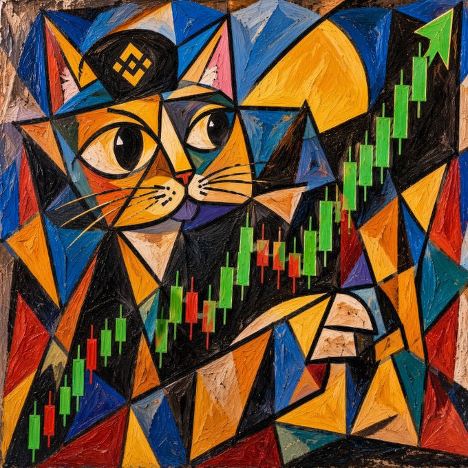 Cubist-style painting of an orange cat's face featuring a Binance (BNB) logo on its forehead, with green and red candlestick trading charts overlaid on the right side.