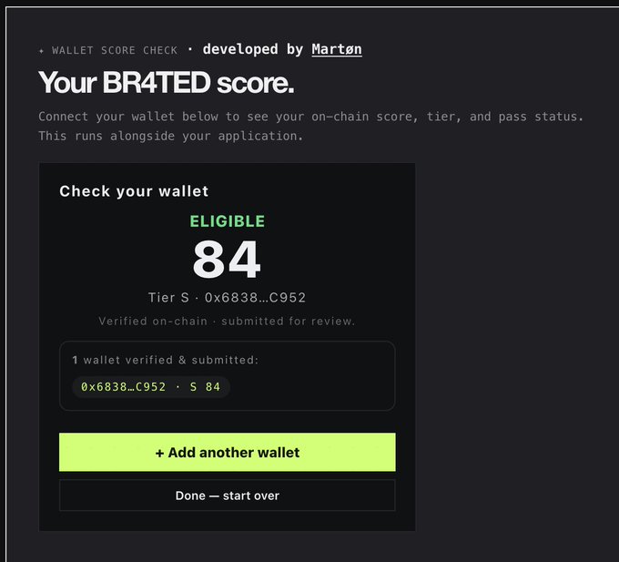 A 'WALLET SCORE CHECK' interface developed by Marton displaying a BR4TED score of 84, marked as ELIGIBLE at Tier S for wallet 0x6838…C952, with options to add another wallet or start over.
