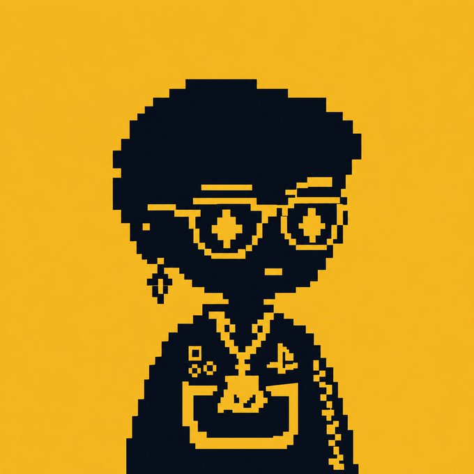 A pixel art illustration of a Black character with an afro, glasses with cross-shaped reflections, a cross earring, and a gold chain, set against a yellow background.