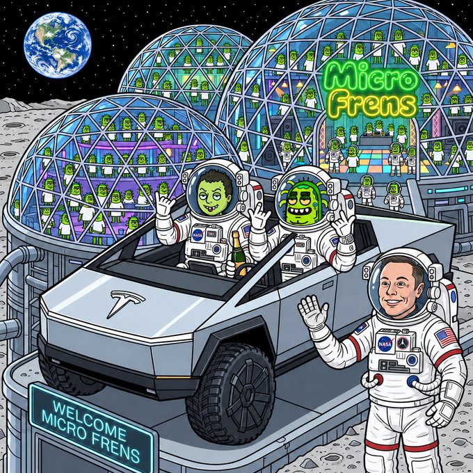 A colorful cartoon illustration shows Elon Musk in a NASA spacesuit waving next to a Tesla Cybertruck carrying two green-skinned alien astronauts in bubbles, set against a lunar base with geodesic domes labeled "Micro Frens" and "WELCOME MICRO FRENS".