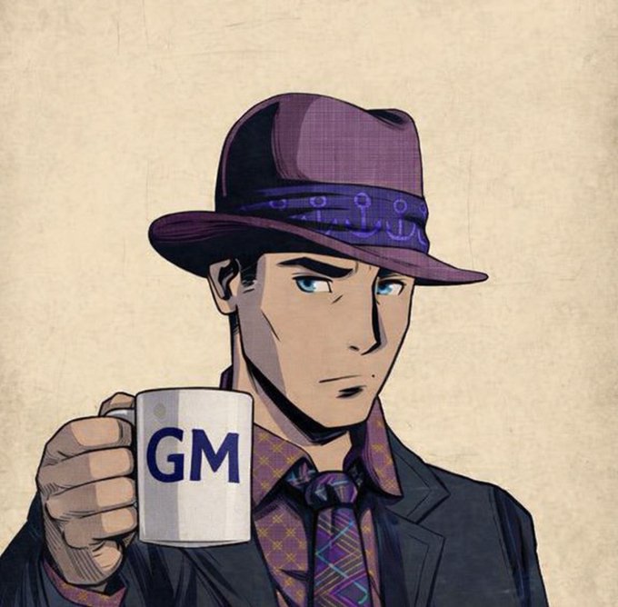 An anime-style illustration of a well-dressed man in a purple fedora and patterned tie holding a white mug labeled "GM" (Good Morning), embodying the post's salute to those still working hard on a Sunday.