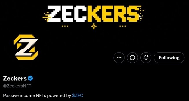 A Twitter profile page for 'Zeckers' with the handle @ZeckersNFT and a verified blue checkmark features the bio 'Passive income NFTs powered by $ZEC' against a black background, along with yellow pixel art 'Z' logos.