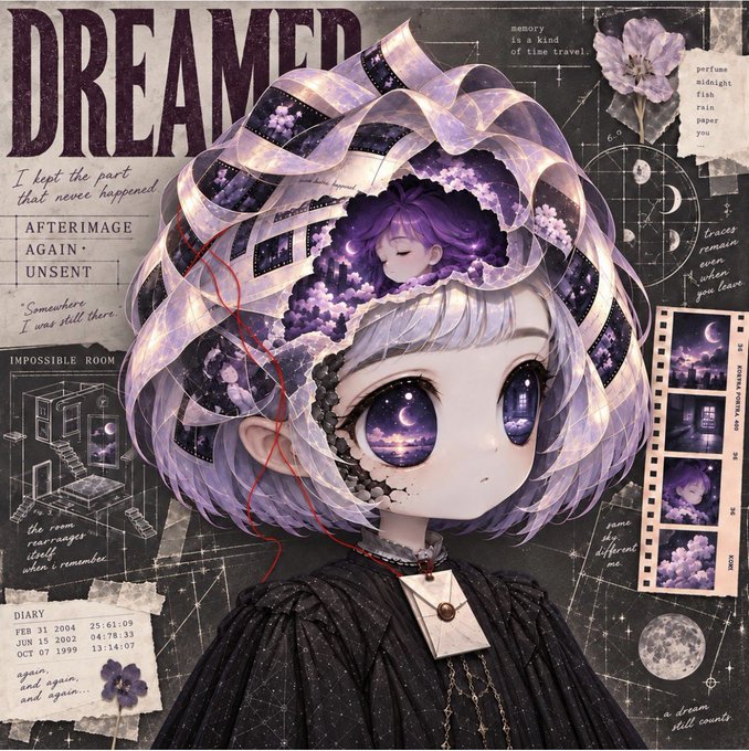 Digital collage artwork titled 'DREAMER' featuring an anime-style character with large purple eyes and layered, unraveling film strip hair. The piece includes poetic text like 'I kept the past that never happened' and 'Afterimage Again Unscent,' along with diary entries and floral elements.