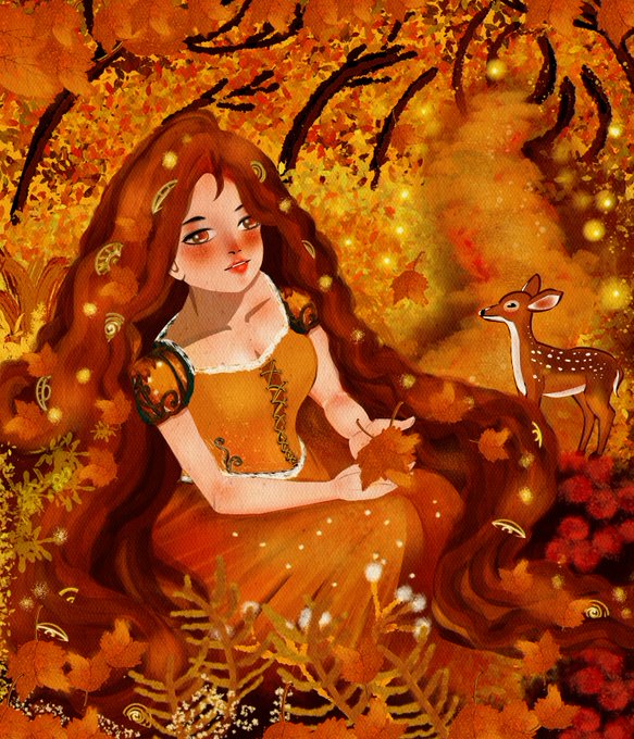 An illustration of a woman with long red hair in an autumnal forest setting, surrounded by falling leaves and a small deer.