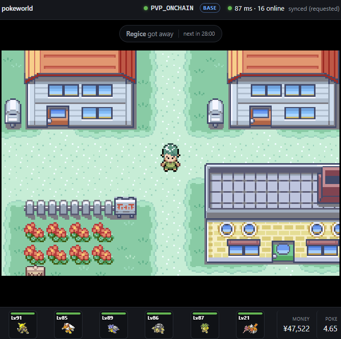 A pixel-art Pokémon-style game called "pokeworld" showing a player character in a village with houses, flowers, and a team of six level 90+ Pokémon.