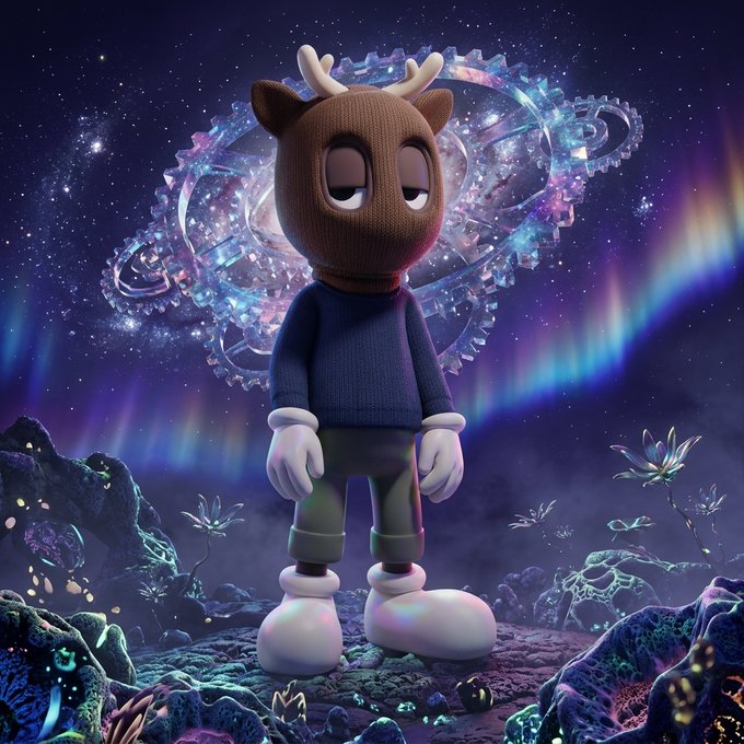 A character wearing a brown knitted deer-like mask and dark sweater stands on a rocky alien landscape with glowing crystalline plants, auroras, and a swirling galaxy portal behind them.