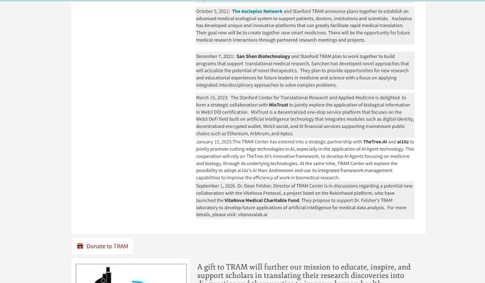 A screenshot of the Stanford TRAM website detailing its mission and partnerships, including Aeslepis Network, Sano San Biotechnology, and the VitaNova Medical Charitable Fund.