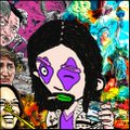 A colorful collage-style portrait featuring a central figure with purple face paint and exaggerated makeup, surrounded by splattered paint effects and other stylized faces.