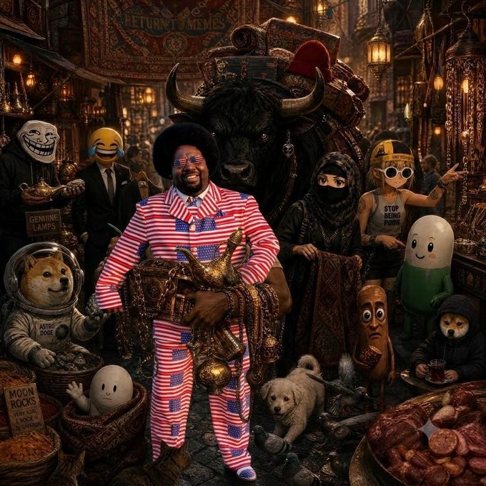 A surreal meme-mashup image shows a man in an American flag-patterned suit at the center of a chaotic scene featuring various internet meme characters, including Doge in an astronaut suit labeled "ASTRO DOGE," a trollface, a Shiba Inu, and a large bull, with visible signs reading "RETURN OF MEMES" and "ASTRO DOGE." 

The image visually embodies the "trenches" crypto culture referenced in the post about $ANSEM and $Fro, packing together classic internet mascots (Doge, trollface, Wojak) and meme-coin aesthetics to symbolize the chaotic, nostalgia-driven revival of meme coin trading culture.