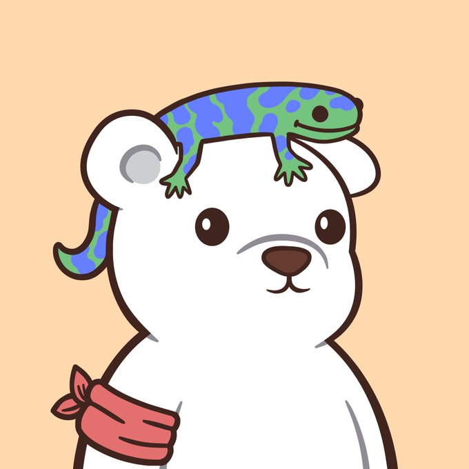 A cartoon illustration of a white bear/polar bear with a blue and green gecko or lizard resting on its head, holding what appears to be a pink wallet or pouch.