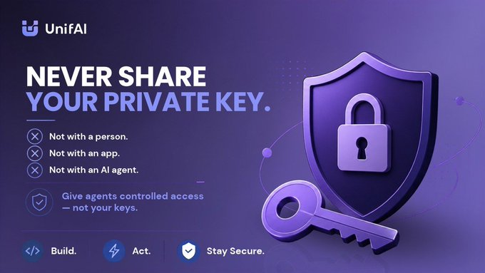 UniFAI promotional graphic warning 'NEVER SHARE YOUR PRIVATE KEY' with bullet points stating not with a person, app, or AI agent, alongside a 3D shield and key illustration and the tagline 'Build. Act. Stay Secure.'