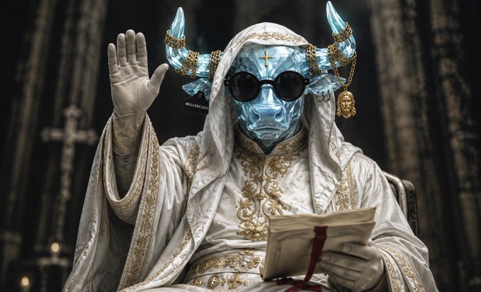 A striking figure wearing ornate white and gold robes, a crystalline blue face, dark sunglasses, and decorative horn-like accessories, holding an open book and raising one hand in a blessing gesture within a gothic interior.