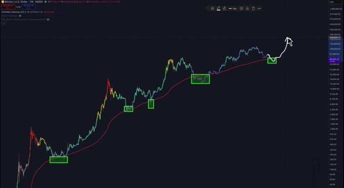 A Bitcoin price chart on TradingView showing an upward trend with a rocket drawn at the peak, annotated with green price action markers.