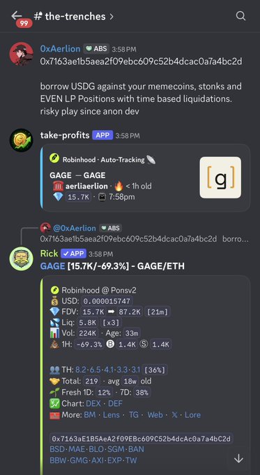 A Discord screenshot from #the-trenches shows users "OxAerion" and "Rick" discussing borrowing USGD against memecoins and LP positions, with Rick's GAGE bot displaying the $GAGE token at -69.3% and $69.2K market cap, showing 21.7K holders and FDV of 87.2K—capturing the chat's chaotic mix of risky DeFi plays and profit flexing that the poster missed.