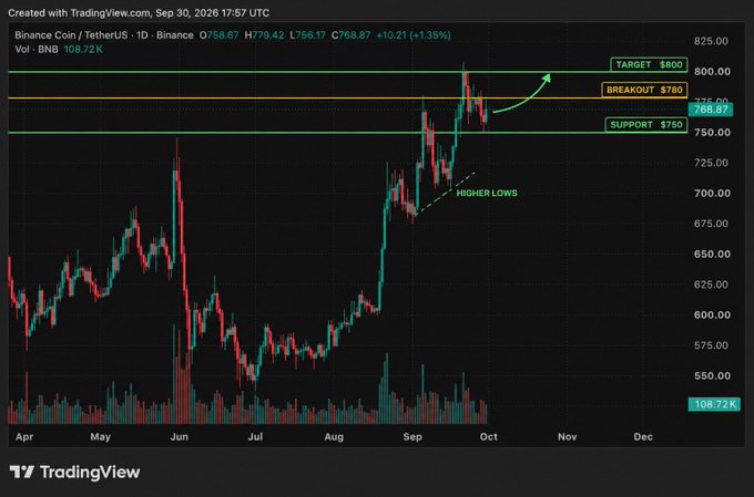 A TradingView candlestick chart of BNB/Binance Coin (BNBUSDT) showing a price of 766.87, with technical analysis annotations indicating "TARGET $800", "BREAKOUT $780", "SUPPORT $750", and "HIGHER LOWS".