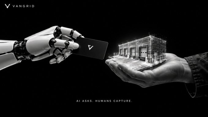 A promotional graphic for VANGRID featuring a robotic hand offering a card with a 'V' logo to a human hand holding a wireframe holographic building, with the tagline 'AI ASKS. HUMANS CAPTURE.'