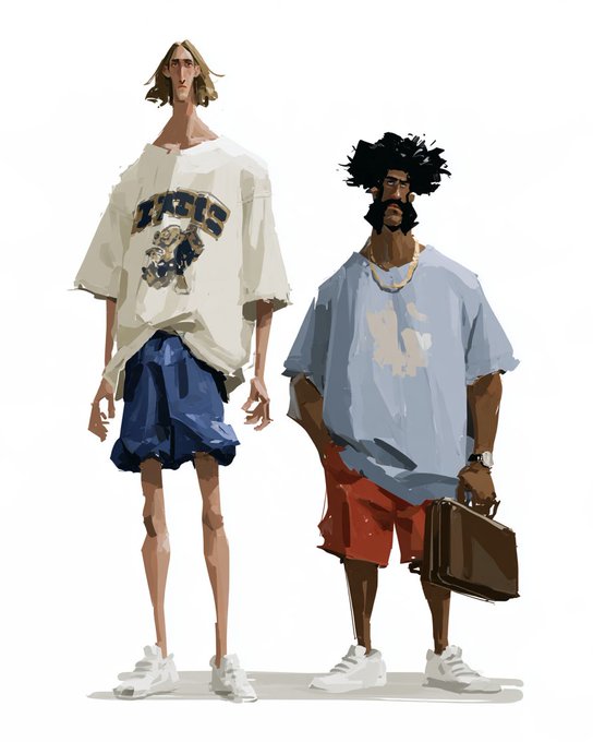 Two stylized illustrated figures are shown against a white background in a loose, painterly digital art style: a tall, lanky man on the left with shoulder-length blonde hair wearing an oversized white graphic tee with a faded bull-like logo, blue shorts, and white sneakers, alongside a shorter, stockier man on the right with wild dark curly hair, a full beard, sunglasses, a gold chain, an oversized light blue t-shirt, rust-red shorts, white sneakers, and a brown briefcase in hand. The "new characters unlocked" caption frames the duo as freshly introduced personalities, treating the illustration like a character reveal screen that showcases each figure's distinct silhouette, styling, and accessories as their defining traits.