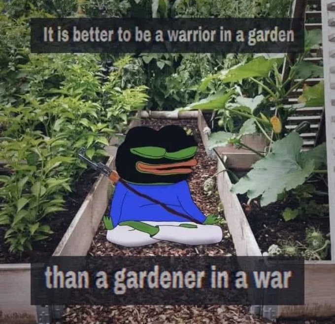 A Pepe the Frog meme sitting cross-legged in a garden holding a rifle, with the caption 'It is better to be a warrior in a garden than a gardener in a war.'