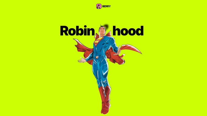The image shows a Superman-style superhero figure in a blue and red costume flying upward against a bright green background, with the text "Robin hood" displayed across the top alongside a small "BERRY" logo. The illustration cleverly reimagines Robinhood as a caped hero, visually reinforcing the post's message that Robinhood single-handedly revived NFTs and memes on its platform, achieving high five-figure sales that other chains like Monad couldn't accomplish.