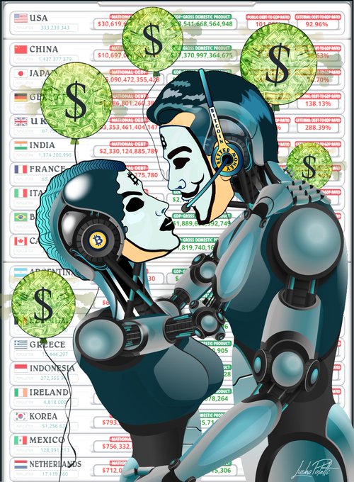 A digital artwork shows two robots embracing amid floating dollar sign symbols, overlaid on a background listing countries (USA, China, Japan, Germany, etc.) with GDP figures.