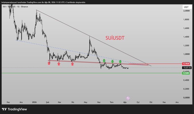 A TradingView chart of **SUI/USDT (1G, Binance)** shows the coin stuck around **$0.7830** with a descending triangle pattern, multiple failed bounce attempts (red/green arrows) since late 2025, and the price hovering just above the **$0.60** support level—illustrating the post's point that despite initial hype, SUI remains "crawling on the ground" near its lows.