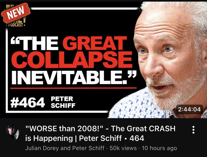 A YouTube thumbnail for “The Great Collapse Inevitable,” featuring Peter Schiff and the bold claim “WORSE than 2008! – The Great Crash is Happening.” The 2:44:04 episode is labeled #464 with Julian Dorey and Peter Schiff, matching the post’s reference to Schiff’s lengthy economic warning.
