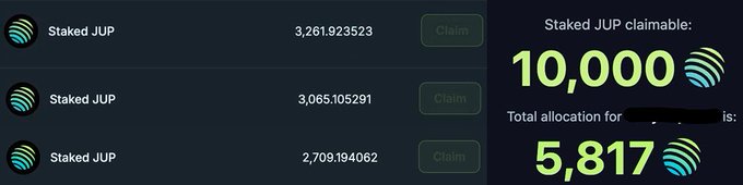 A screenshot displays multiple Jupiter ($JUP) staking positions with amounts of 3,261.923523, 3,065.105291, and 2,709.194062 tokens, alongside a panel showing 10,000 staked JUP claimable and a total allocation of 5,817 JUP, illustrating the substantial airdrop and staking rewards the user has received from the Jupiter ecosystem.