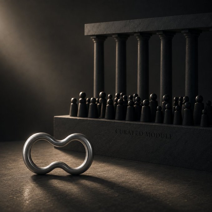 A stylized 3D render of black chess-like pawns lined up on a stone platform inscribed 'CURATED MODULE', with a silver chain link object in the foreground and dramatic lighting from above.