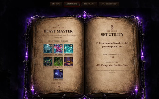 A digital in-game menu styled as an ancient book displays a 'Master Set' titled 'BEAST TESTER' in Elder Scrolls Online, listing various creature cards like Bone Dragon and Flame Atronach, alongside a 'SET UTILITY' bonus for Companion Sacrifice Slots.