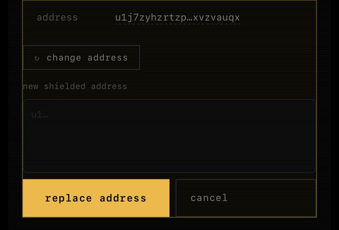 A digital interface showing a shielded address input field with the partial text 'u1j7zyhzrtzp...xvzvauqx' and options to 'replace address' or 'cancel'.