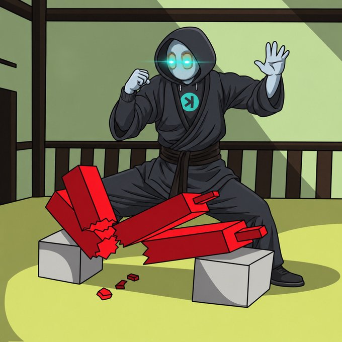 A masked ninja character with glowing blue eyes and an "X" symbol on its chest smashes red candlestick bars with a karate chop, surrounded by flying debris. The image metaphorically represents the crypto token CATE breaking through resistance to reach a new all-time high (ATH), despite attempts to suppress its $80M milestone.