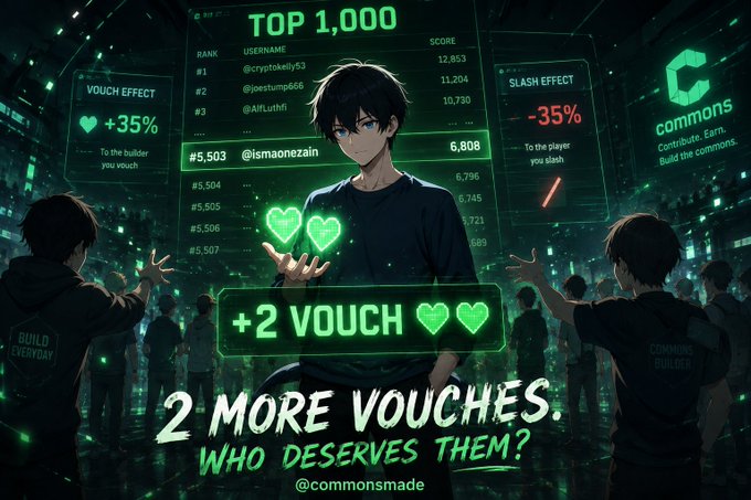 An anime-style promotional graphic for 'Commons' with green holographic elements showing a leaderboard, a central anime character, and text reading 'TOP 1,000', '+2 VOUCH', and '2 MORE VOUCHES. WHO DESERVES THEM?'.