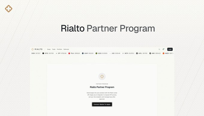 The image shows the "Rialto Partner Program" landing page with a "Connect Wallet To Apply" button. It relates to the post by promoting the integration partner program, inviting integrators and developers to apply and embed swaps for any token on the Robinhood Chain, with the poster offering direct support to applicants.