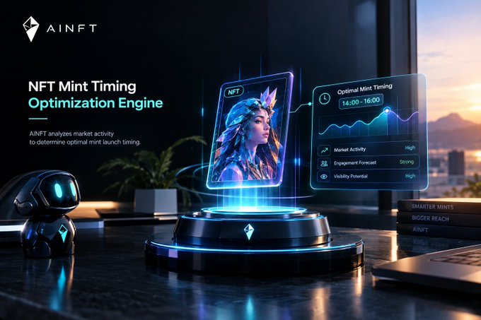 Marketing image for 'AINFT NFT Mint Timing Optimization Engine' showing a holographic NFT display on a desk with a small robot, featuring text about optimal mint timing (14:00-16:00), market activity, engagement forecast, and visibility potential.