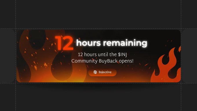 A fiery countdown banner reading "12 hours remaining" announces that the $INJ Community BuyBack opens in 12 hours, directly corresponding to the post's teaser about BuyBack Round 231 launching soon.