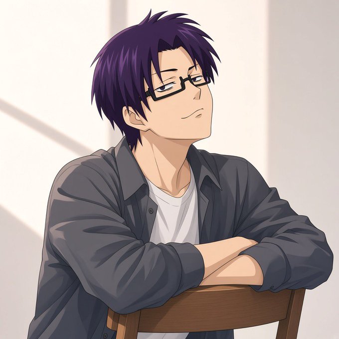 An anime-style illustration of a young man with purple hair and glasses, wearing a grey overshirt and white t-shirt, sitting with his arms crossed over a chair.