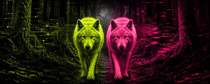 The image depicts two glowing wolves—one yellow-green and one pink—walking side by side through a dark, neon-lit forest with digital, glitch-like patterns. The vibrant, AI-rendered aesthetic complements the post's meme-like tone of shifting allegiance from $TENDIES to joining the $PACK, symbolizing loyalty and transformation among the "pack" theme.
