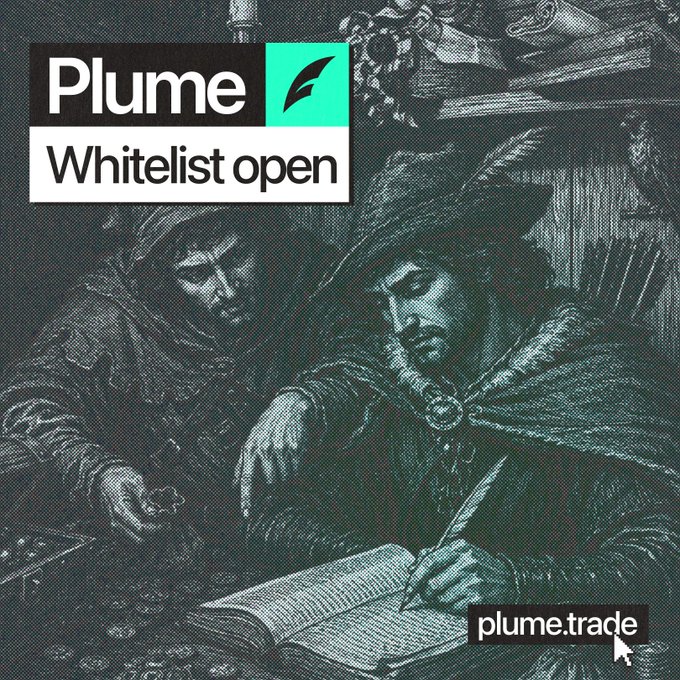 The image announces "Plume Whitelist open" and features the ticker "plume.trade," relating to the post's call to join the whitelist for trading tokenized stock-options on mainnet.