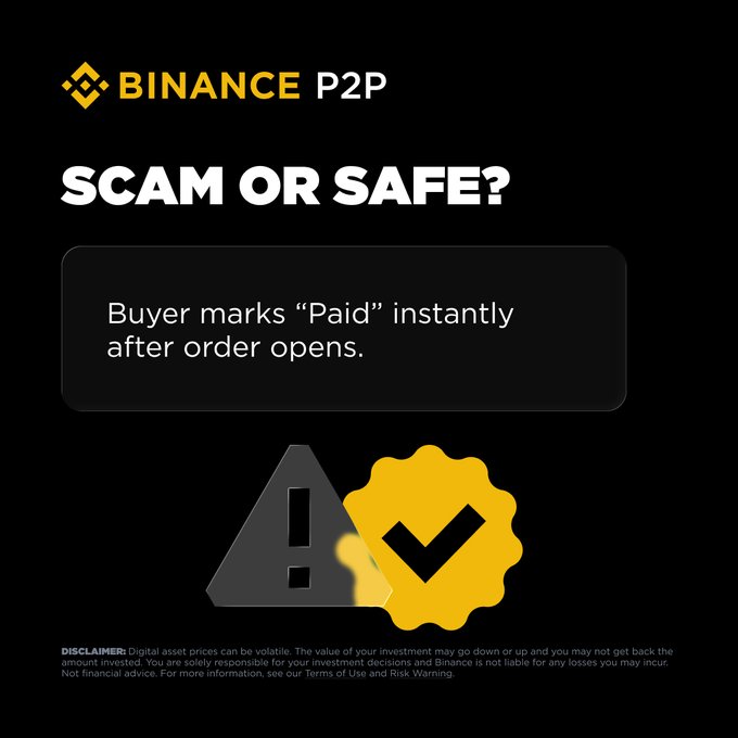 A Binance P2P graphic titled "SCAM OR SAFE?" noting that buyers mark "Paid" instantly after order opens, accompanied by warning and verification badge icons.