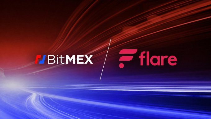 A BitMEX and Flare logos graphic on a red and blue light streak background, likely promotional material for a partnership or announcement.