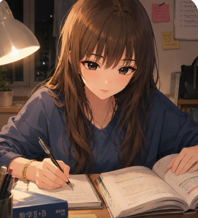 An anime-style illustration of a brown-haired girl studying at a desk under a lamp, with Japanese math textbook '数学II+B' visible.