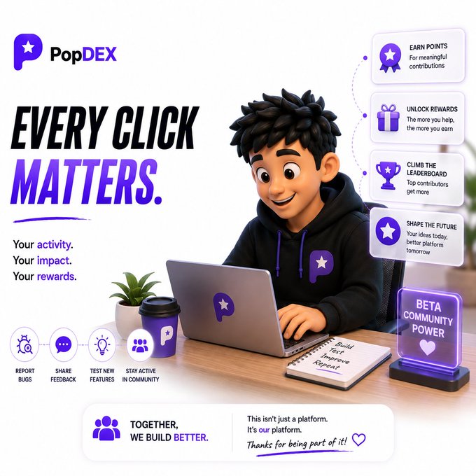 The image is a promotional graphic for PopDEX, featuring a cartoon character at a laptop alongside the bold tagline "EVERY CLICK MATTERS" and four key benefits: earning points for contributions, unlocking rewards, climbing the leaderboard, and shaping the future. It also highlights a "BETA COMMUNITY POWER" trophy and lists engagement actions like reporting bugs, sharing feedback, testing features, and staying active, with the footer reading "TOGETHER, WE BUILD BETTER." This visually reinforces the post's message that during beta, every action—whether bug reports, feedback, feature testing, or community participation—holds value and contributes to the platform's growth.