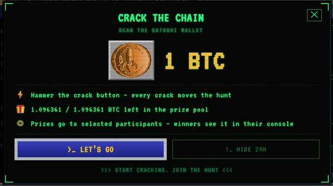 A retro-styled digital graphic titled 'CRACK THE CHAIN' invites users to 'SCAN THE SATOSHI WALLET' for a 1 BTC prize, featuring instructions to hammer a crack button and showing 1.096361 / 1.096361 BTC left in the prize pool, with options to 'LET'S GO' or 'HIDE 24H'.
