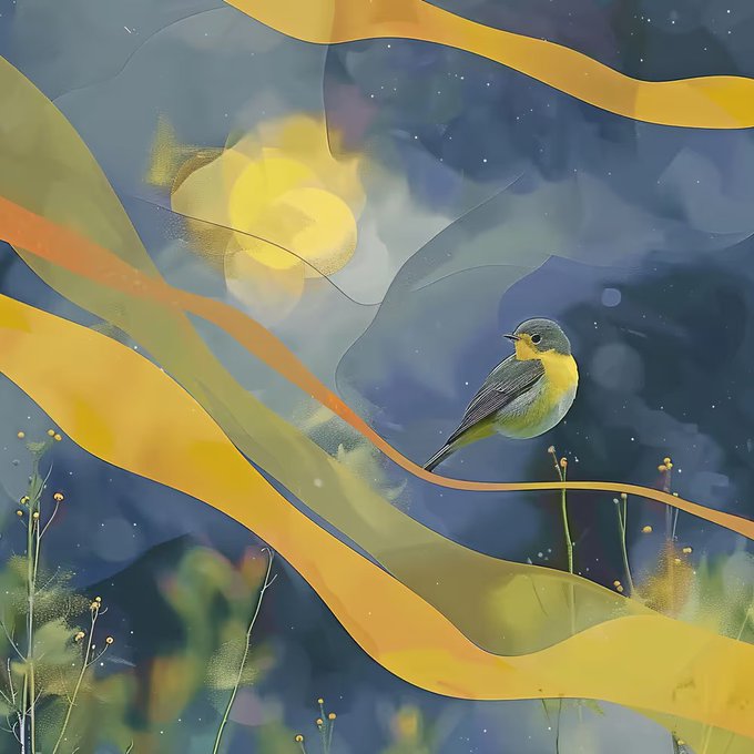 A digital painting of a small yellow and gray bird perched on a stylized ribbon-like orange branch against a dark blue, starry background with soft yellow light.
